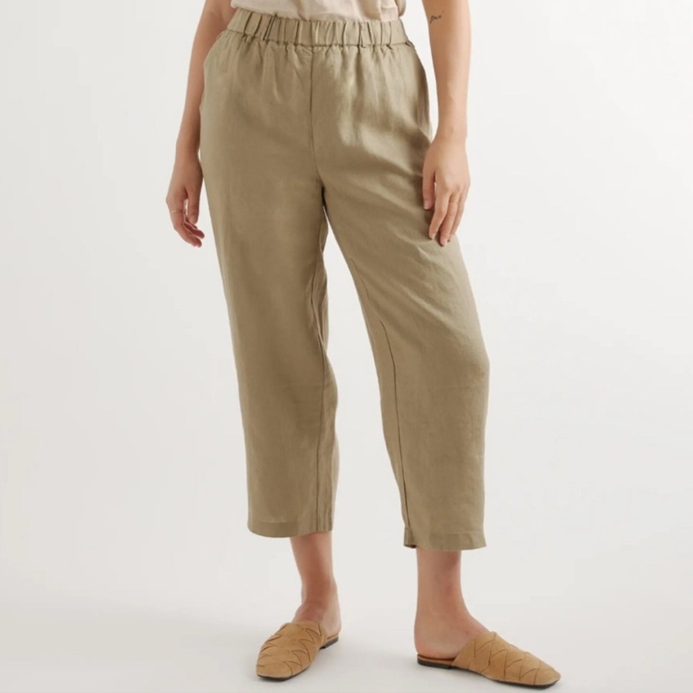 QUINCE The 💯 European Linen Elastic Waist Loop Tapred Leg ankle Pant MOSS SZ: M